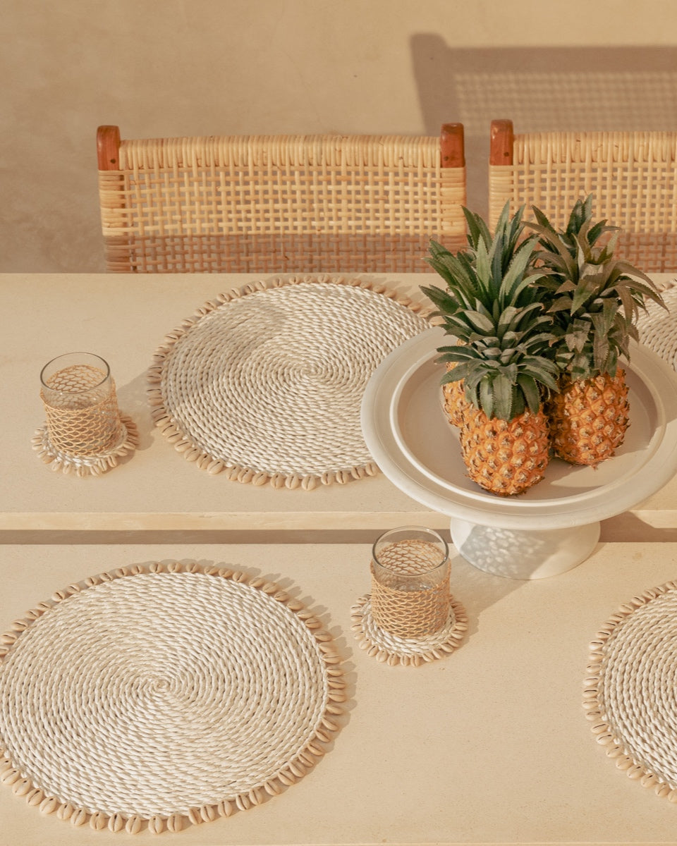 White Rattan Woven Placemats with Shell Fringe Feature Design