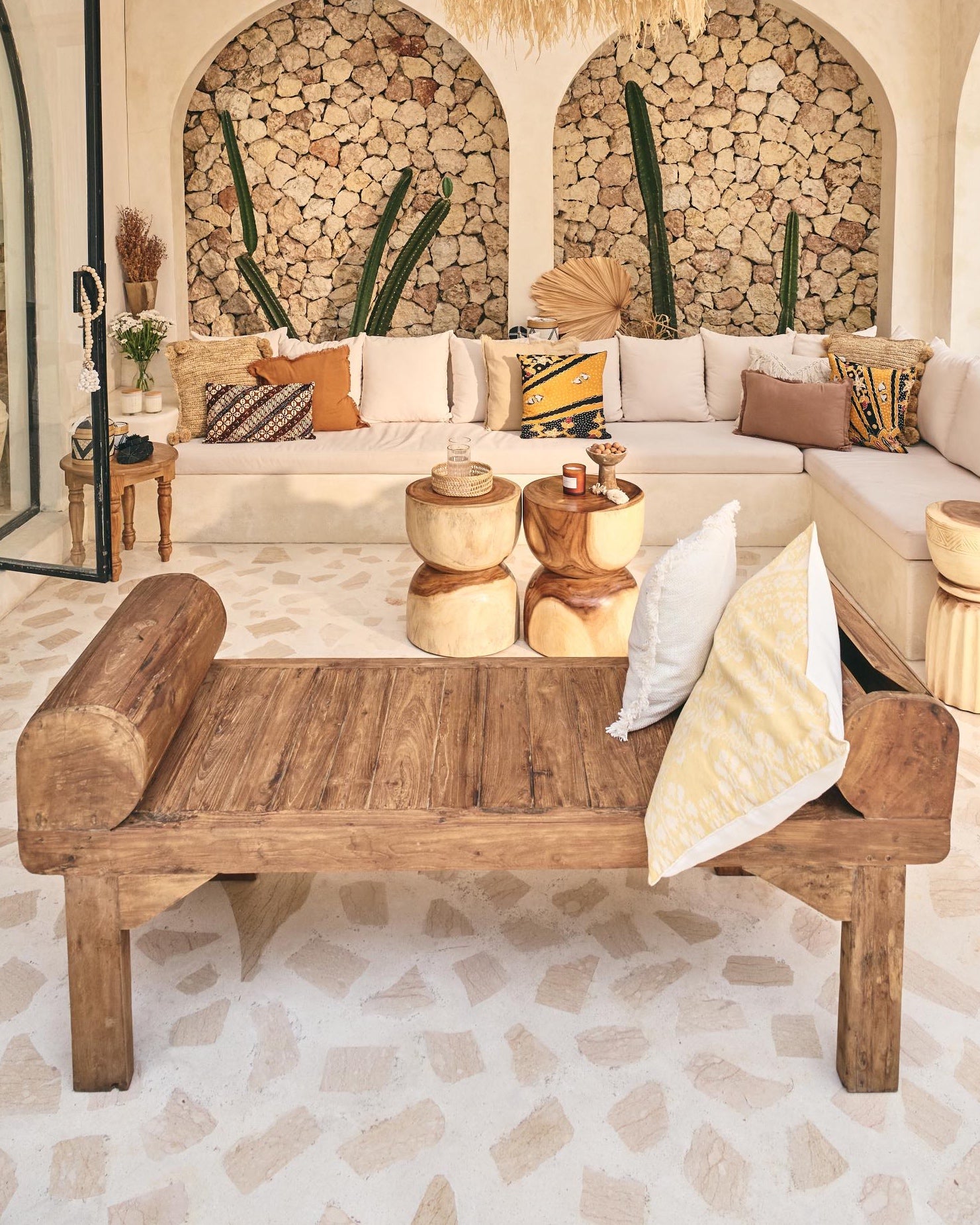 Antik Carved Teak Bench with curved feature arms