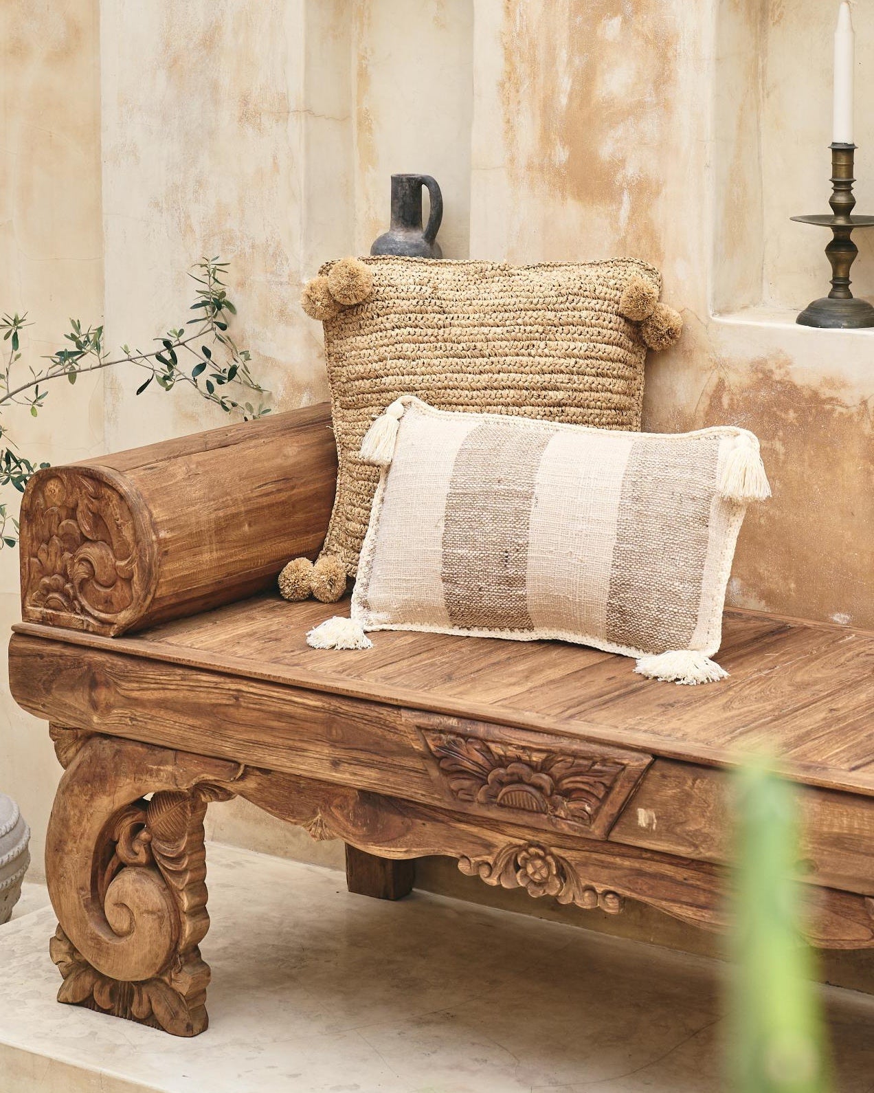 Antik Carved Teak Bench with curved feature arms