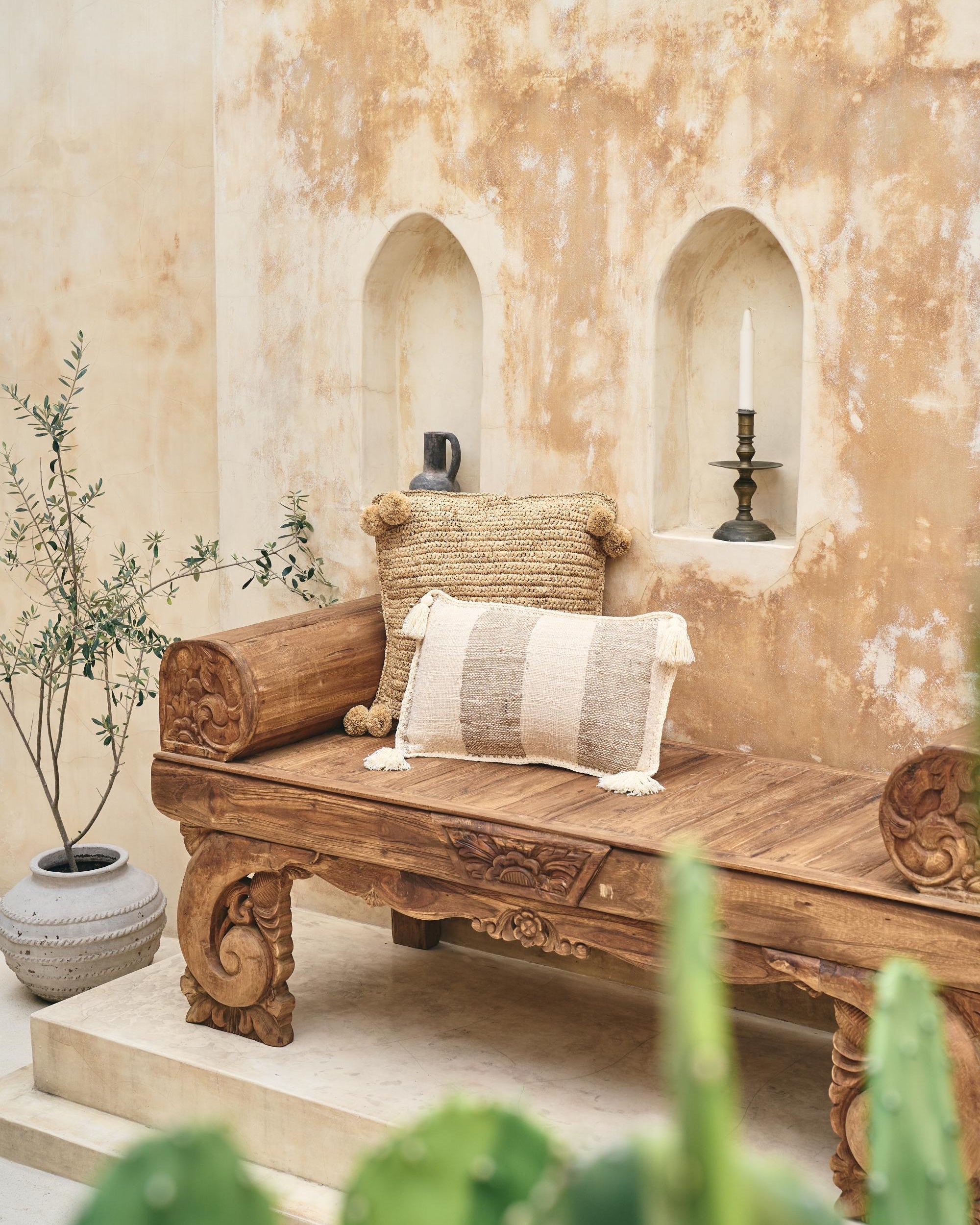 Antik Carved Teak Bench with curved feature arms