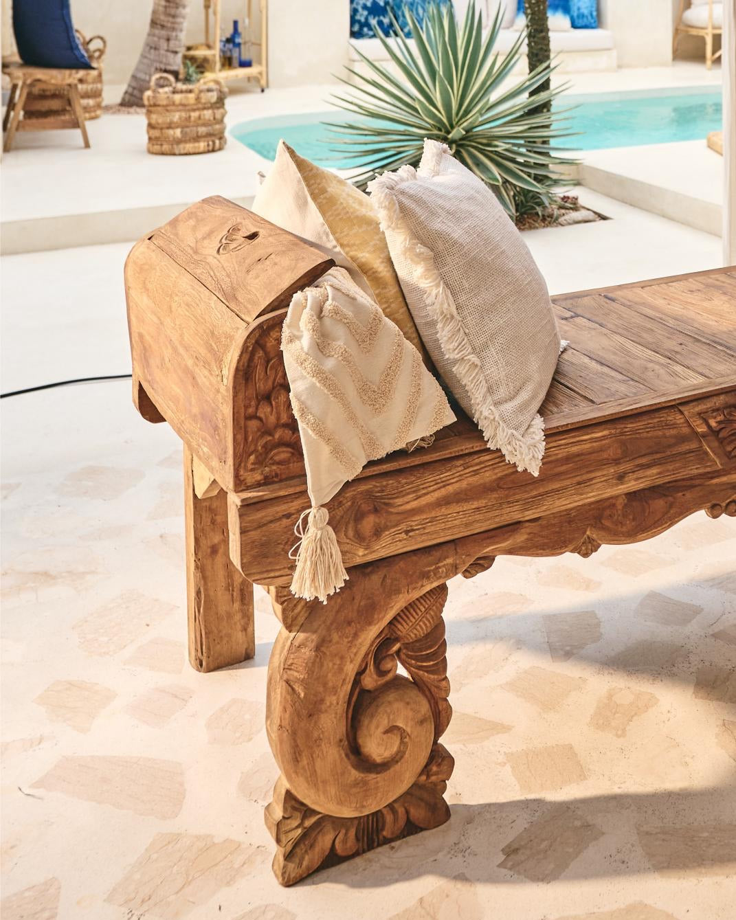 Antik Carved Teak Bench with curved feature arms