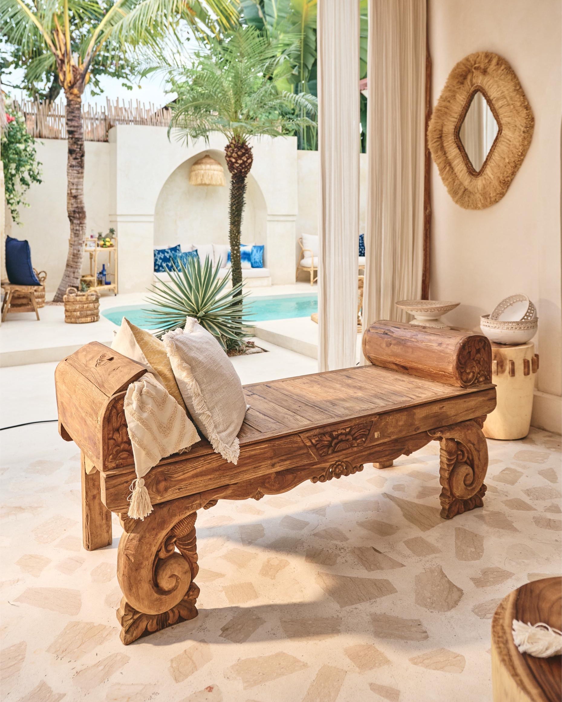Antik Carved Teak Bench with curved feature arms