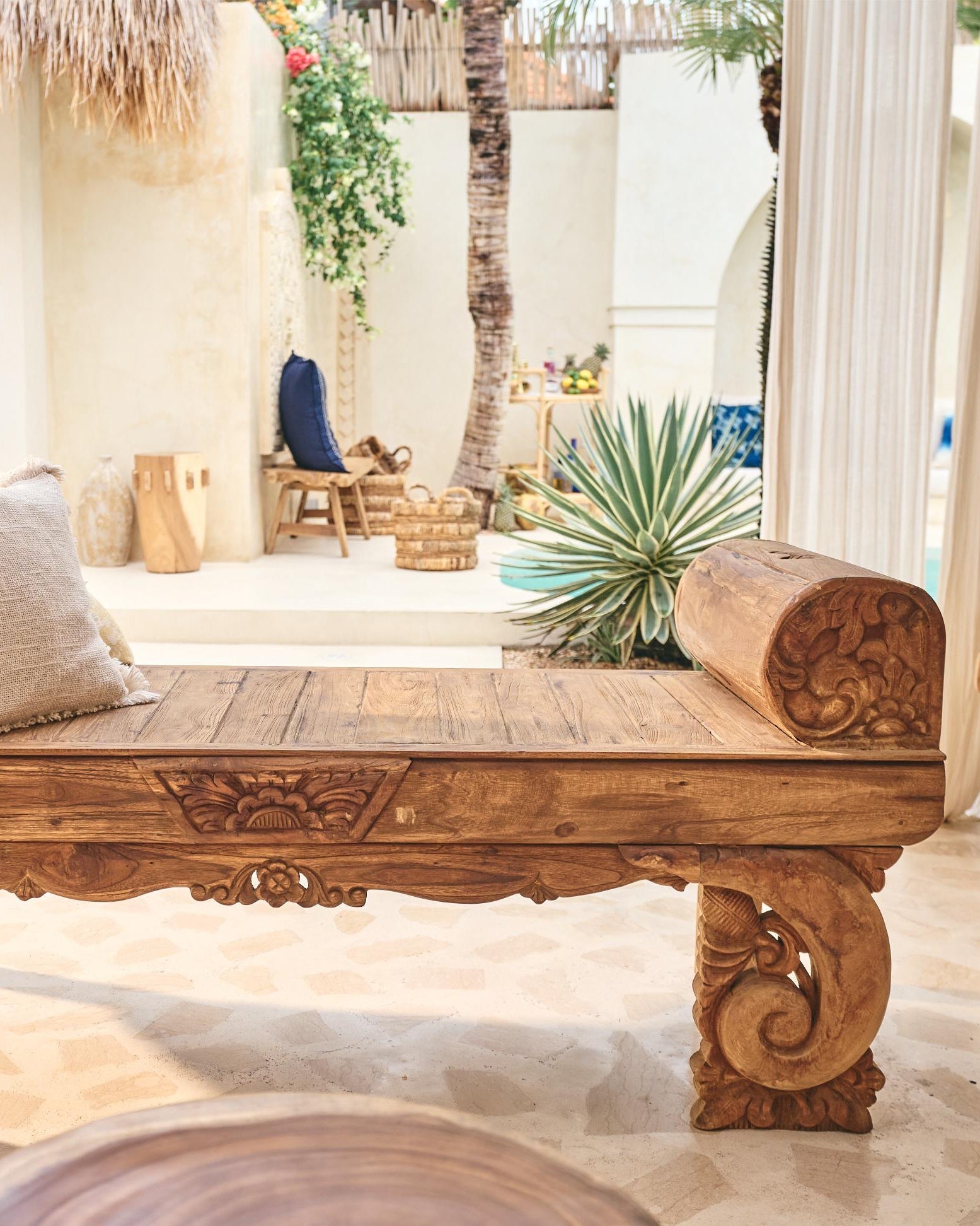 Antik Carved Teak Bench with curved feature arms