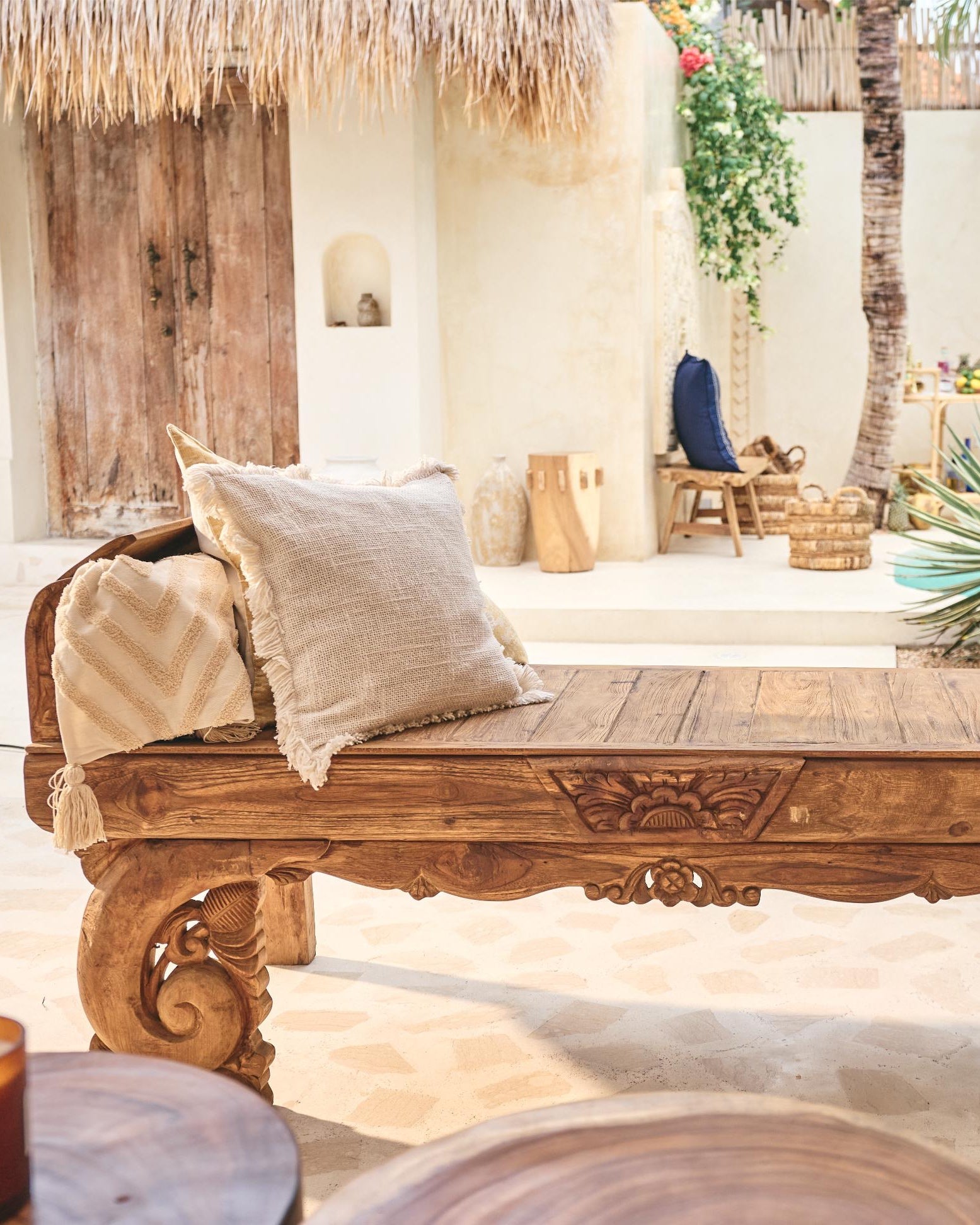 Antik Carved Teak Bench with curved feature arms