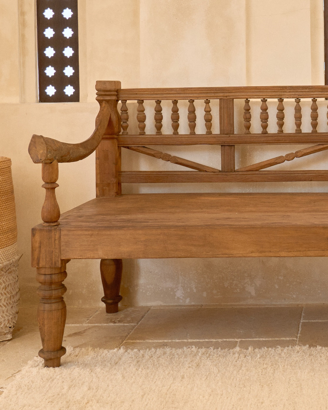 Vintage Recycled Teak Daybed Bench - with original arms & carvings