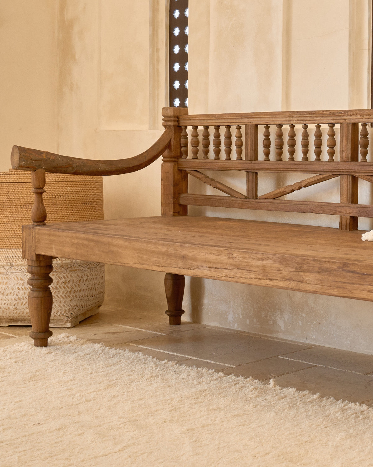 Vintage Recycled Teak Daybed Bench - with original arms & carvings