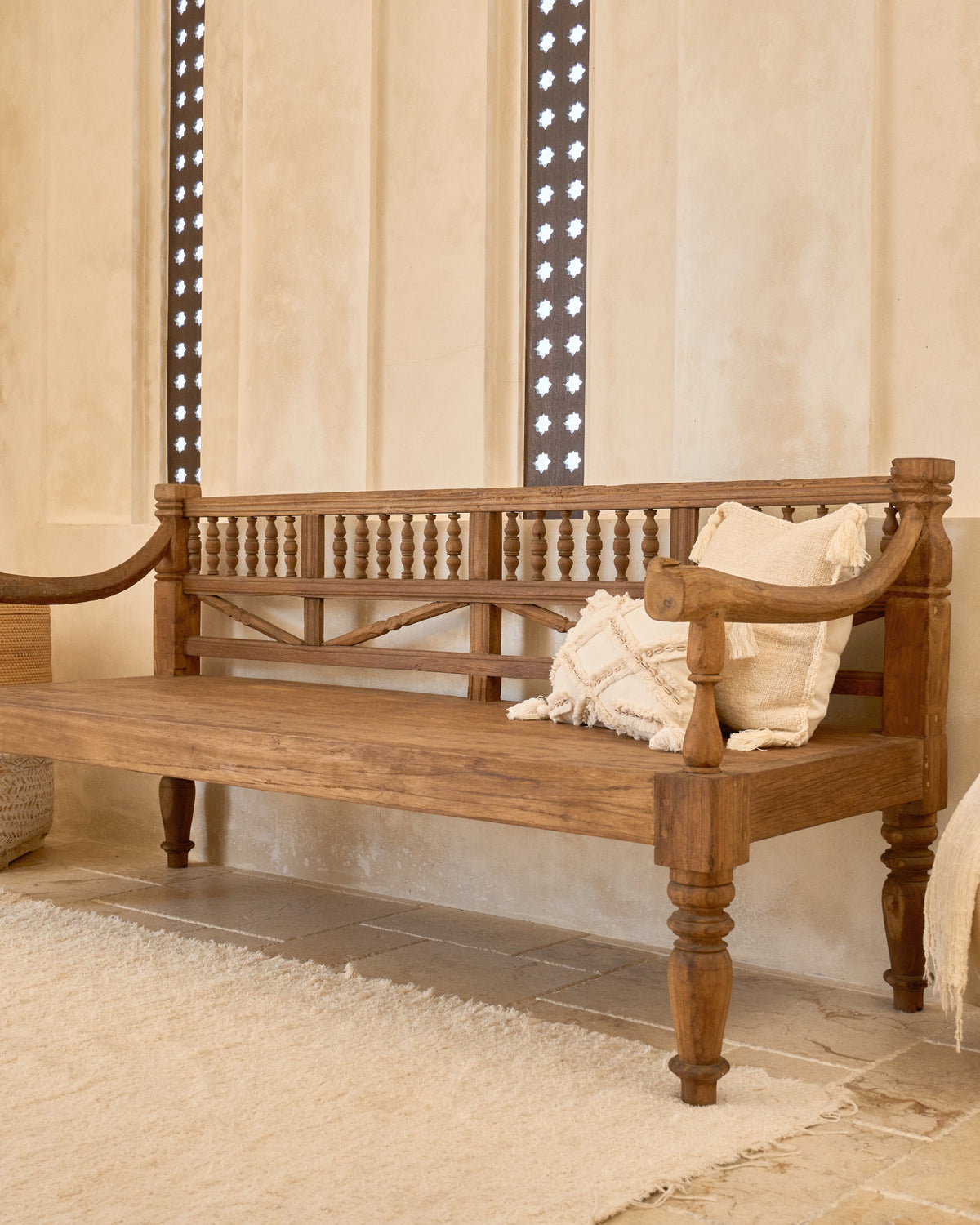 Vintage Recycled Teak Daybed Bench - with original arms & carvings