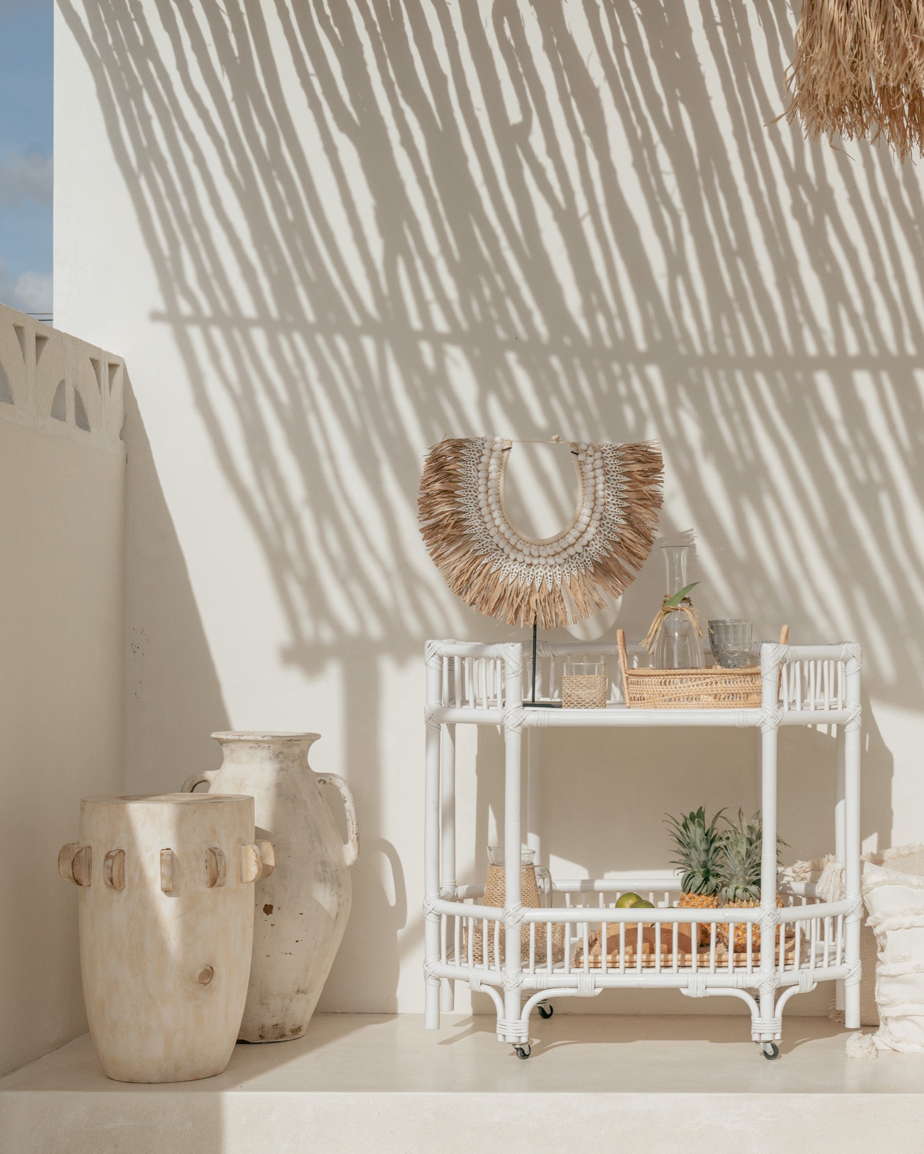 Cemagi White Rattan Bar Cart Console Trolly - White