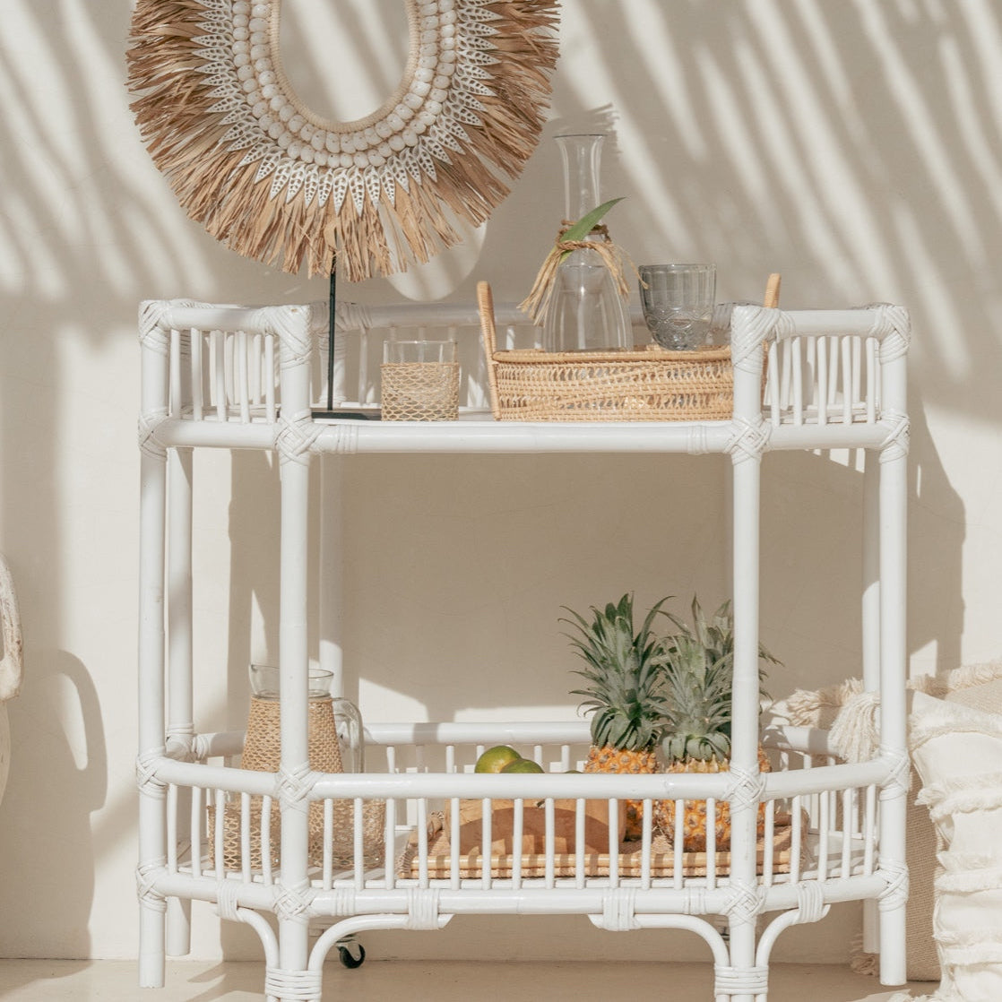 Cemagi White Rattan Bar Cart Console Trolly - White