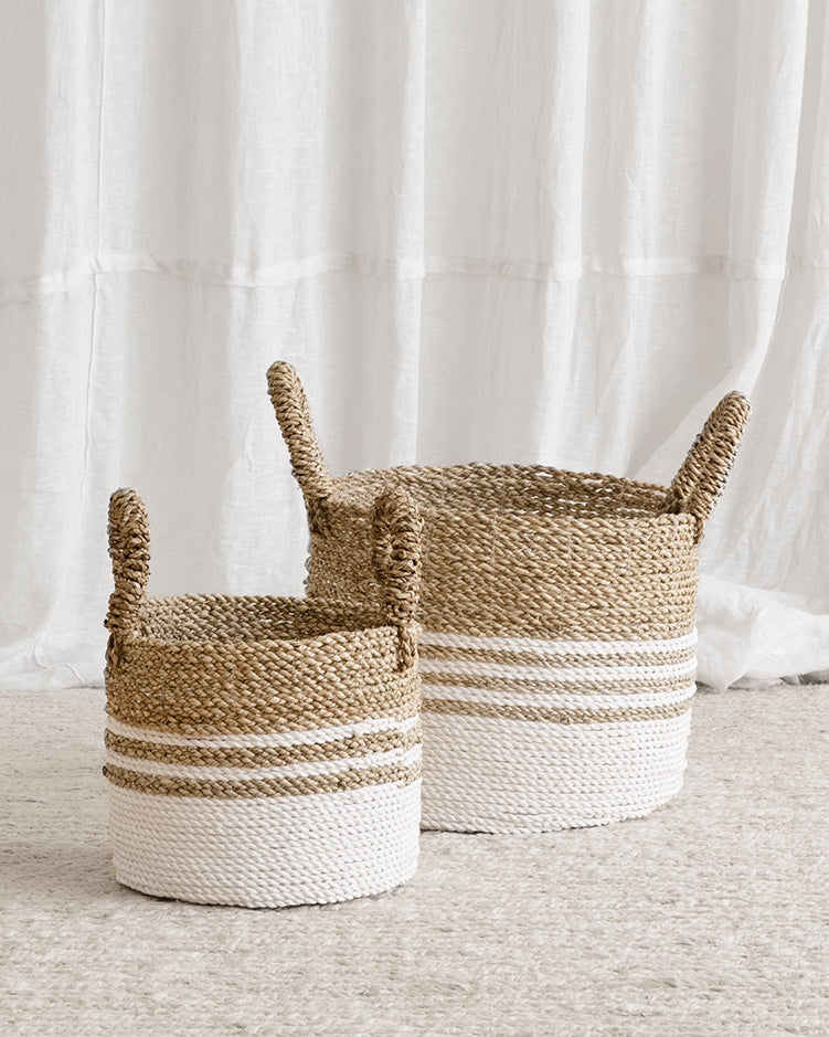 White Natural Multi-stripe Wide Seagrass Baskets - S, M, L