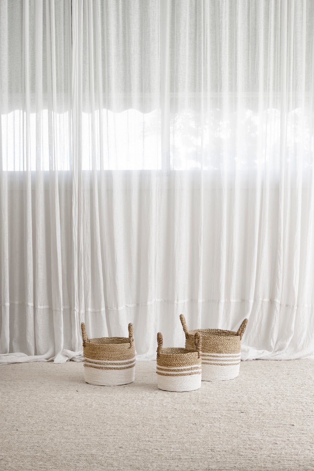 White Natural Multi-stripe Wide Seagrass Baskets - S, M, L