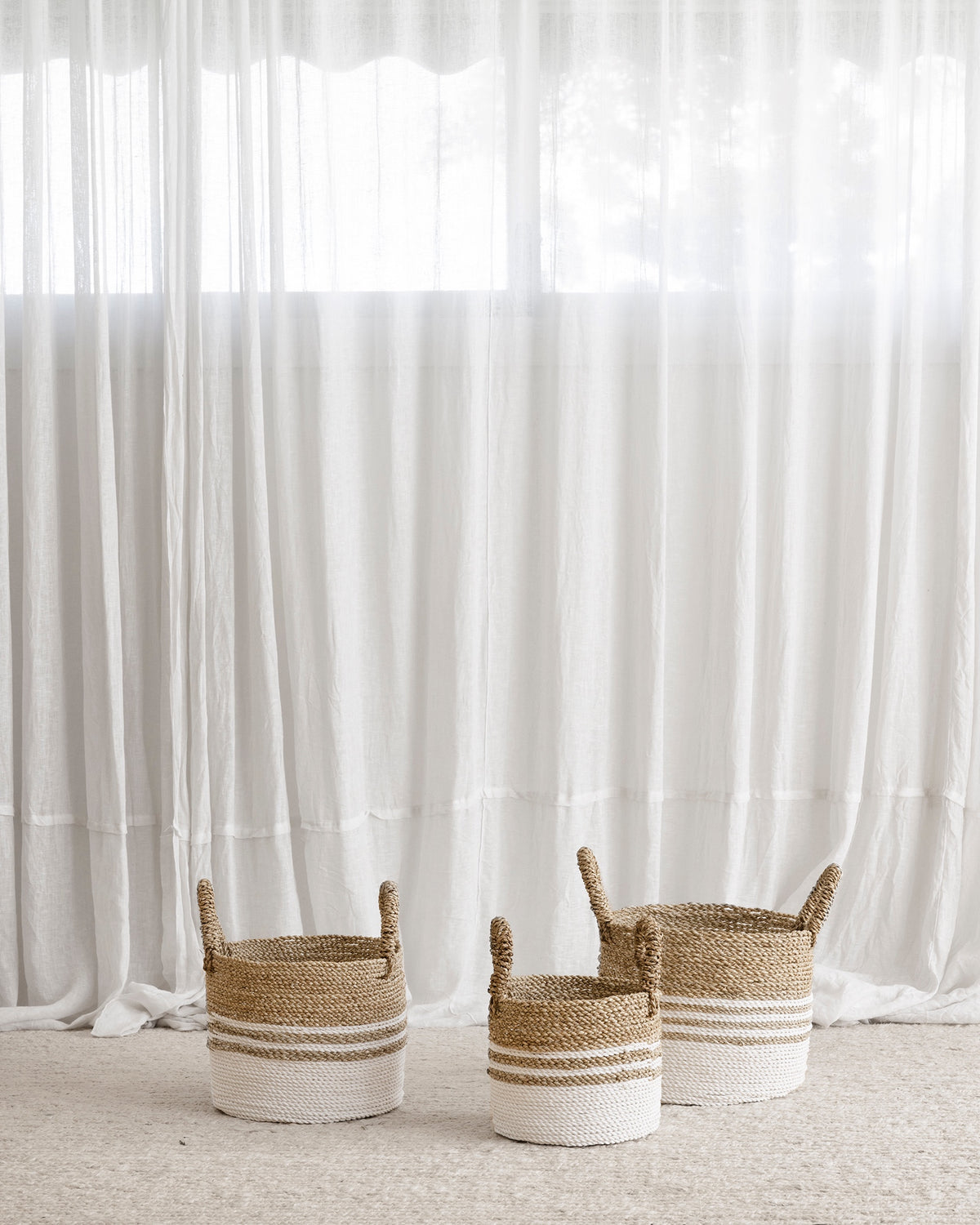 White Natural Multi-stripe Wide Seagrass Baskets - S, M, L