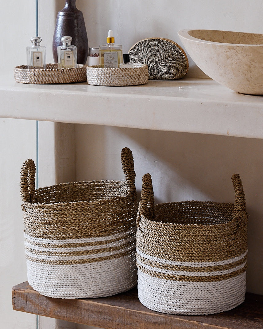 White Natural Multi-stripe Wide Seagrass Baskets - S, M, L