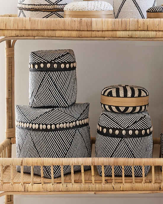 Navy White Stripe Rectangular Tall Beaded Bamboo Baskets - S, M, L