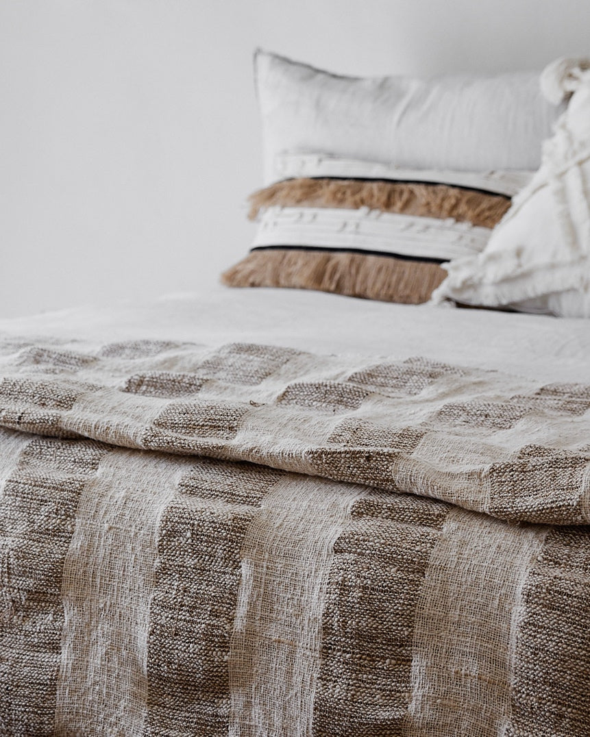 Textured Blanket Latte Brown & Vanilla Cream Block Stripe with corner tassels