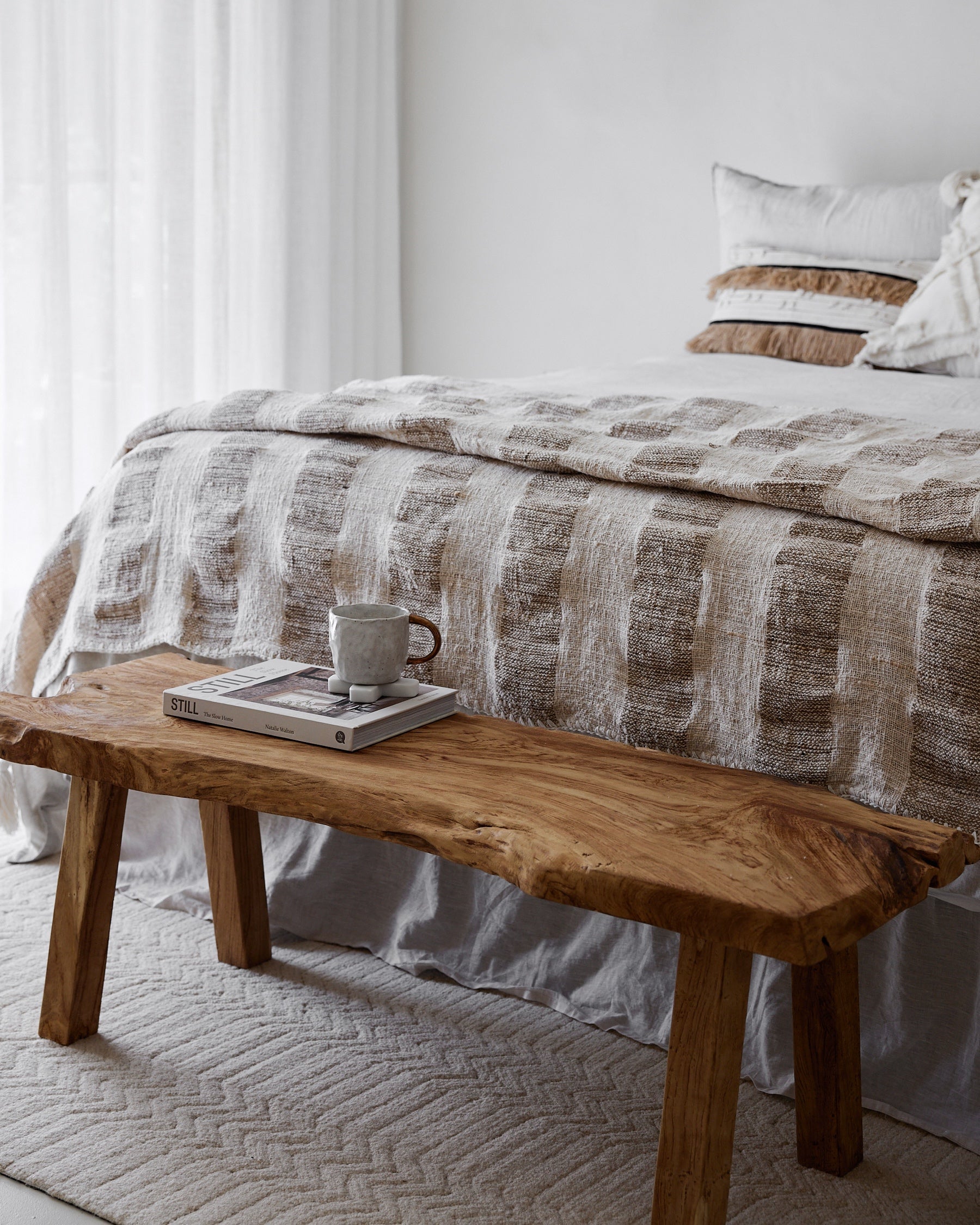 Textured Blanket Latte Brown & Vanilla Cream Block Stripe with corner tassels