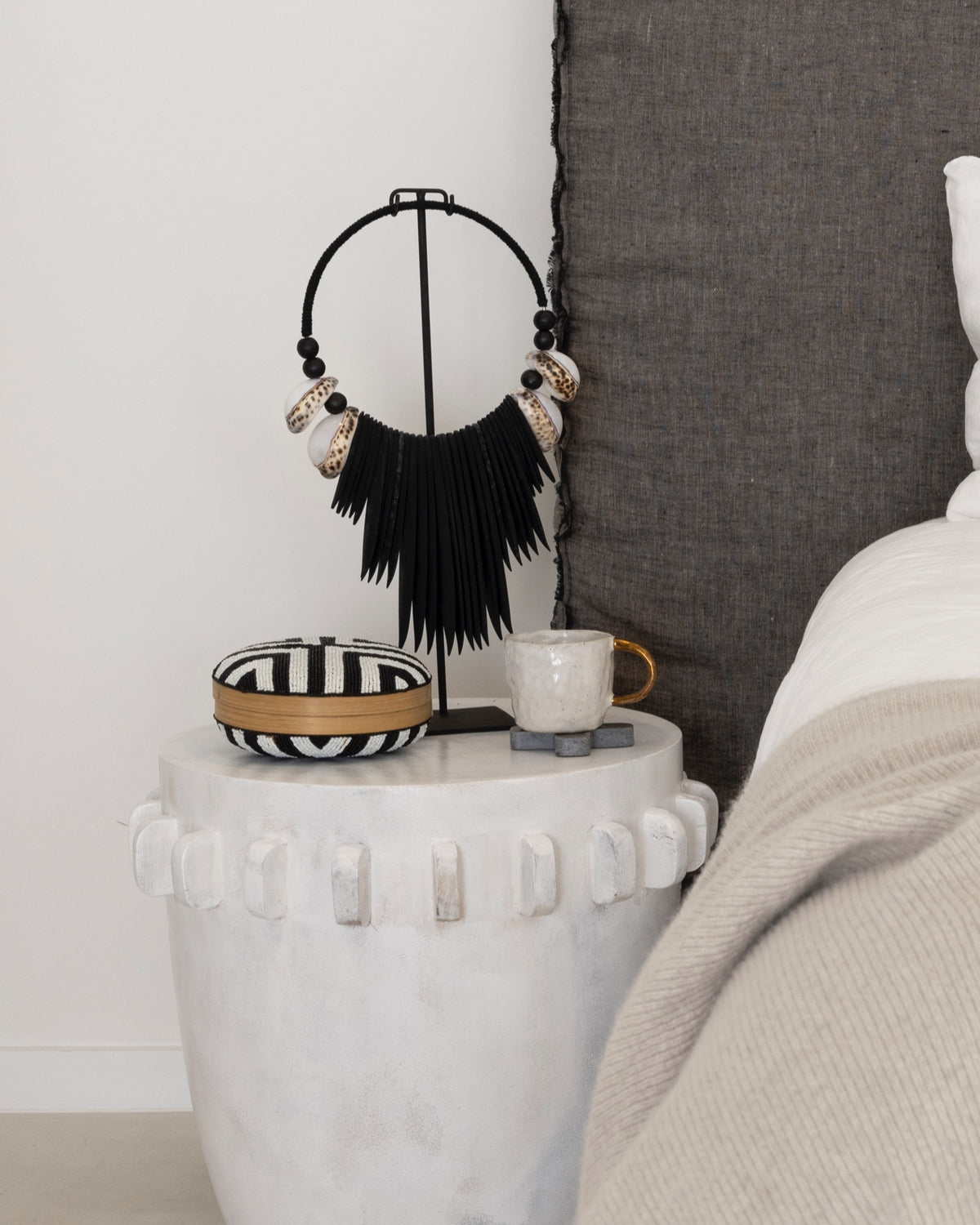 Black White Cowrie Shell Cuttlefish Necklace & Stand