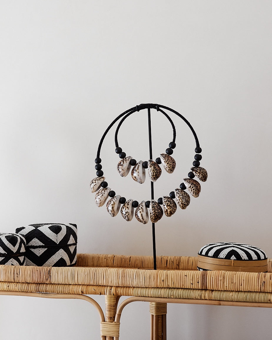Black White Cowrie Shell Necklace & Stand