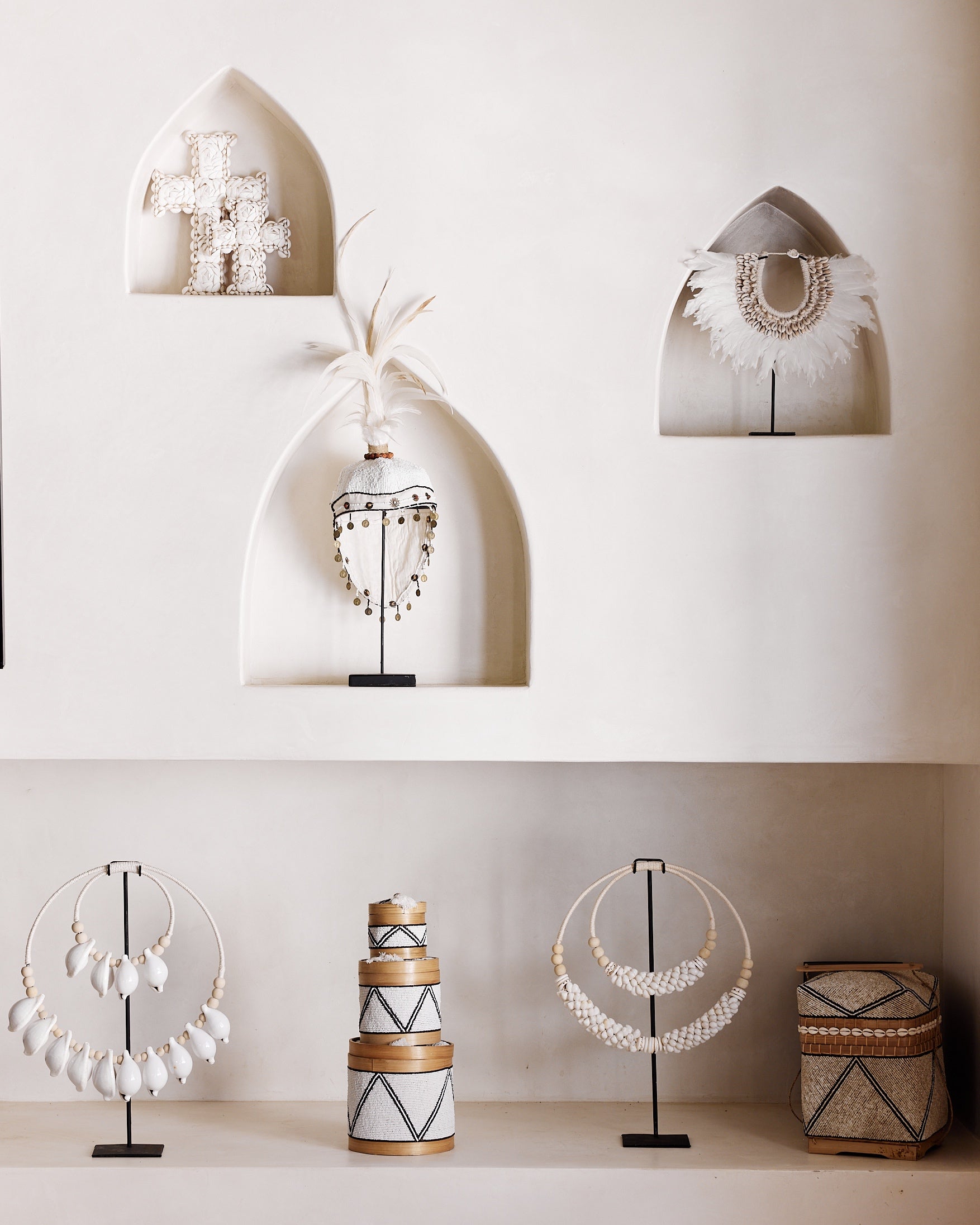 Black White Tribal Beaded & Feather Hat Stands