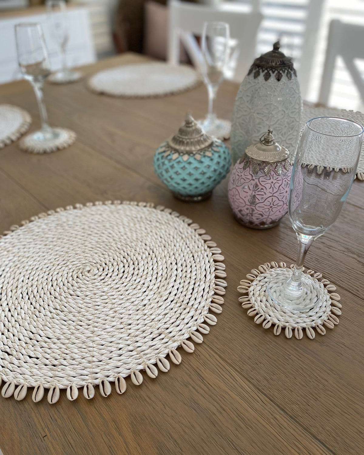 White Rattan Woven Placemats with Shell Fringe Feature Design
