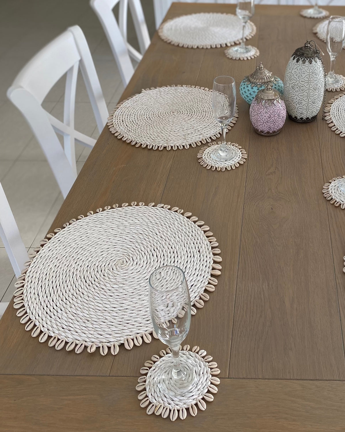 White Rattan Woven Placemats with Shell Fringe Feature Design