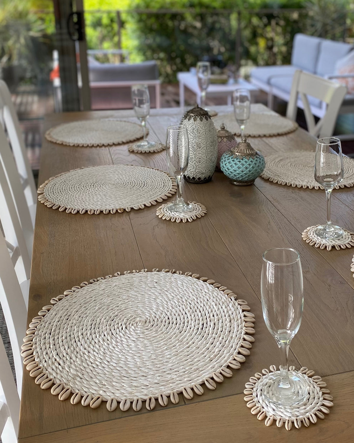 White Rattan Woven Placemats with Shell Fringe Feature Design