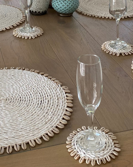 White Rattan Woven Coasters with Shell Fringe Feature Design