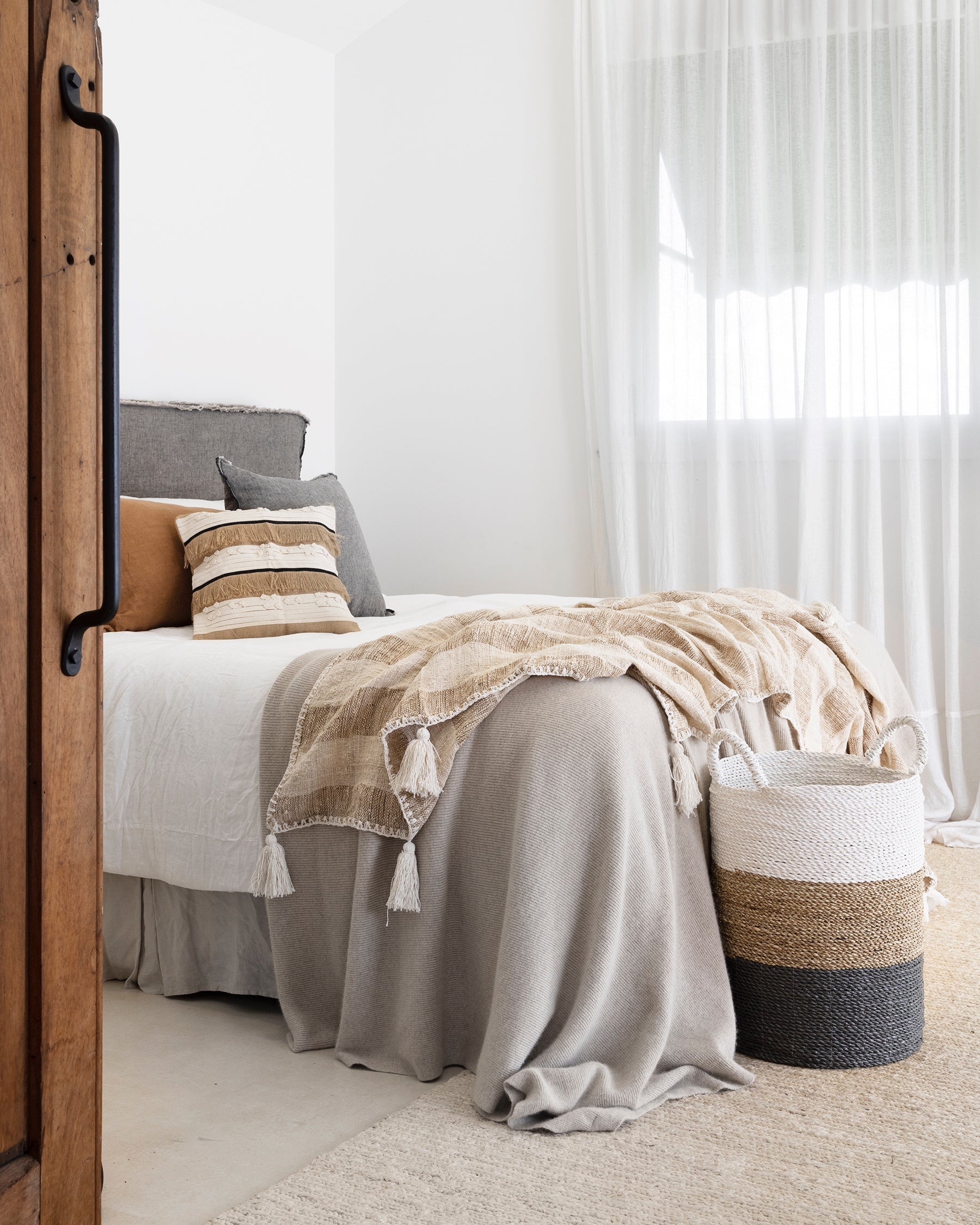 Textured Blanket Latte Brown & Vanilla Cream Block Stripe with corner tassels