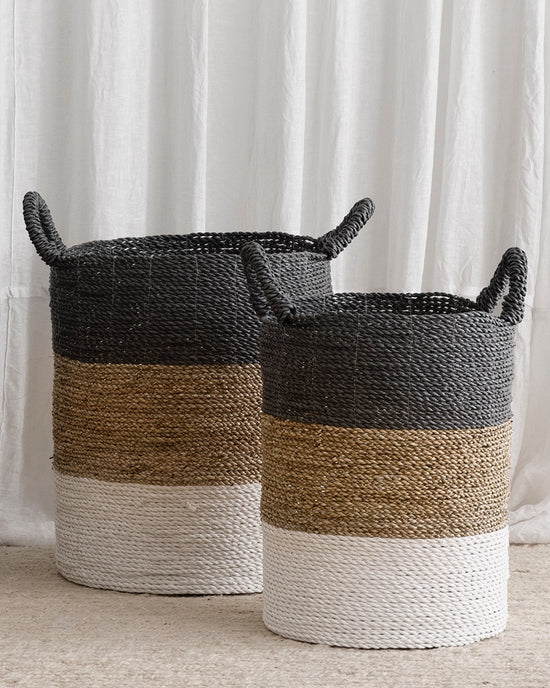 Archipelago Striped Seagrass Baskets - Grey, Natural, White