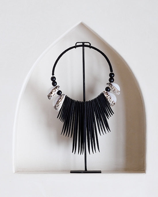Black White Cowrie Shell Cuttlefish Necklace & Stand
