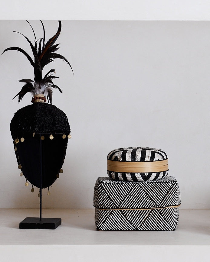 Black White Tribal Beaded & Feather Hat Stands