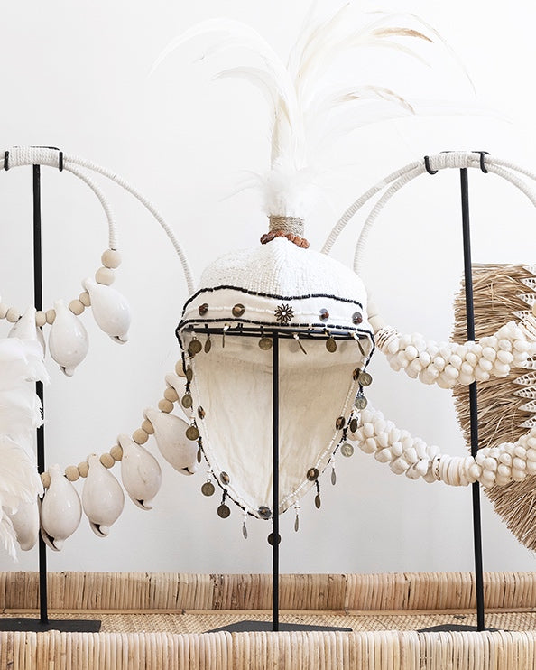 Black White Tribal Beaded & Feather Hat Stands