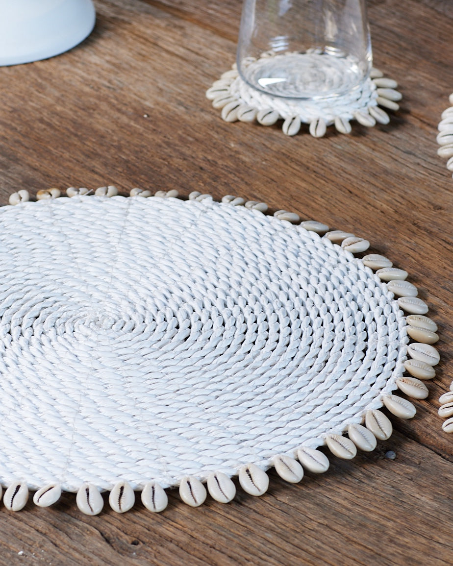 White Rattan Woven Placemats with Shell Fringe Feature Design