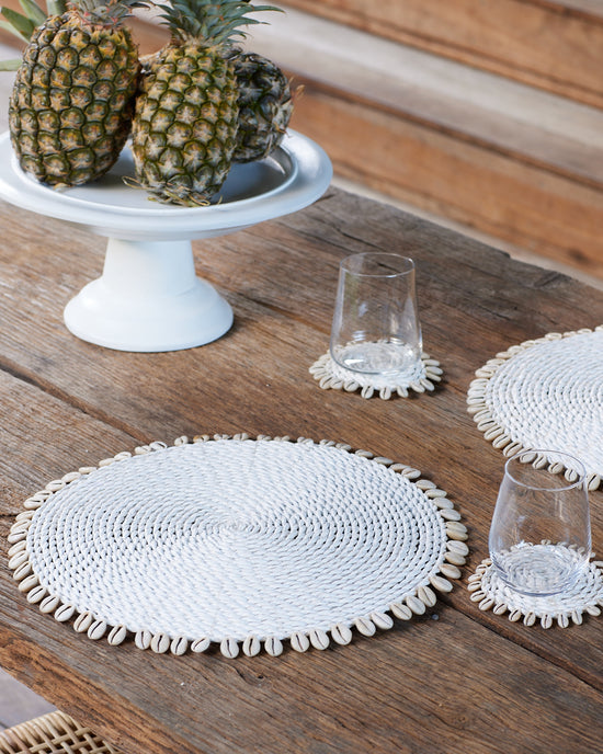 White Rattan Woven Placemats with Shell Fringe Feature Design