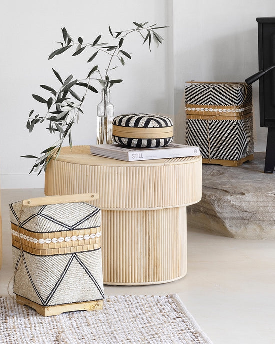 Tall Rectangular Bamboo Handbeaded Baskets with handles - mixed design, S, M, L