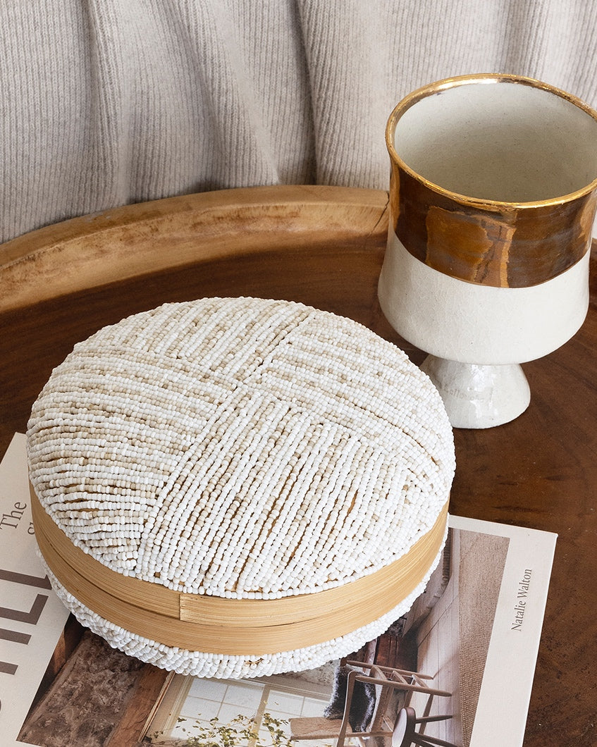 Beaded bamboo round box - 5 colours