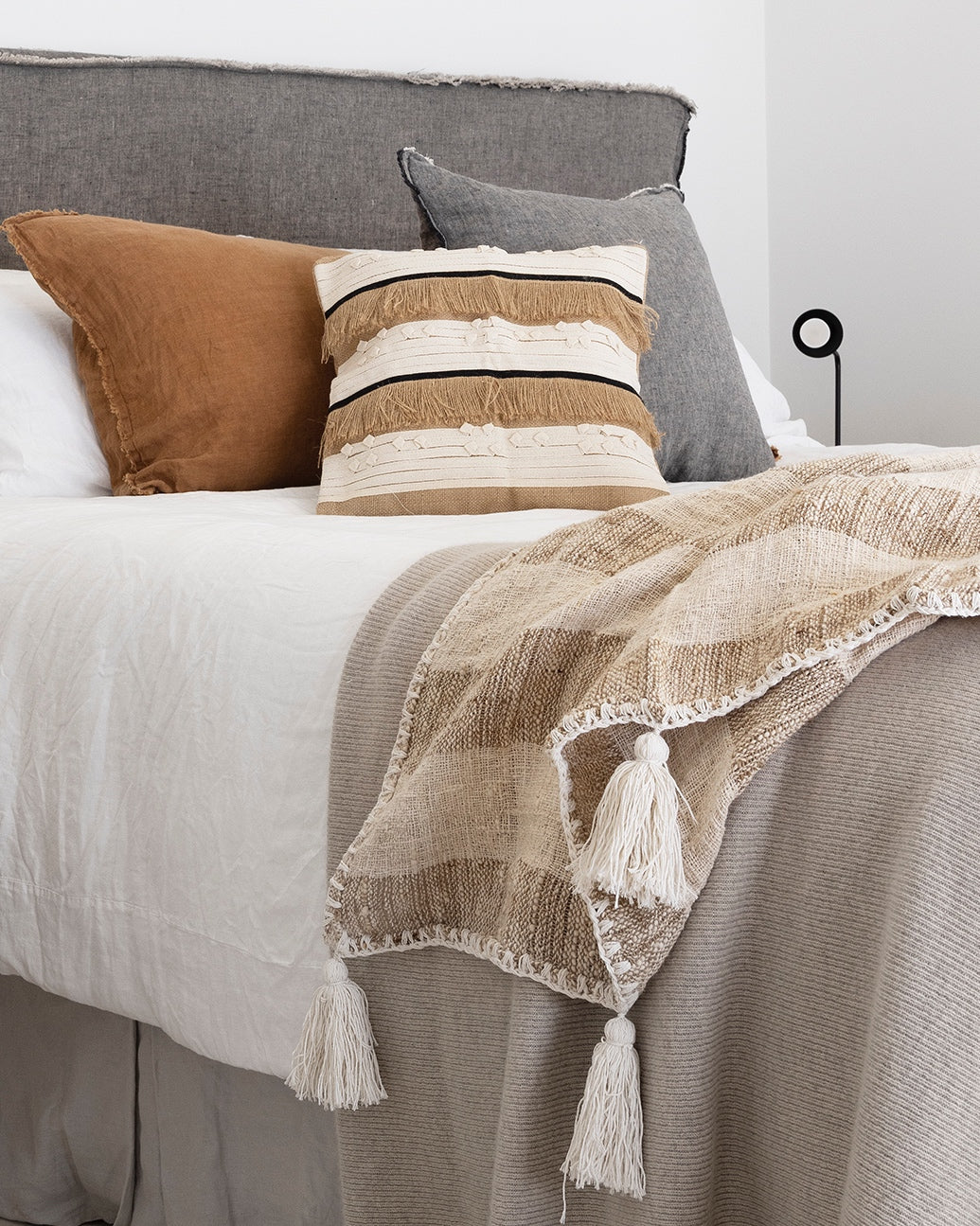 Textured Blanket Latte Brown & Vanilla Cream Block Stripe with corner tassels