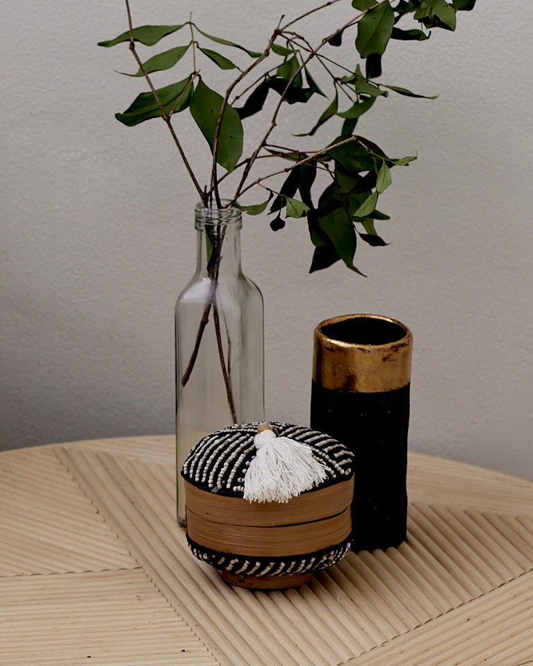 Handmade Beaded Round Bamboo Trinket Boxes with lid - navy, white, cream, gold, others