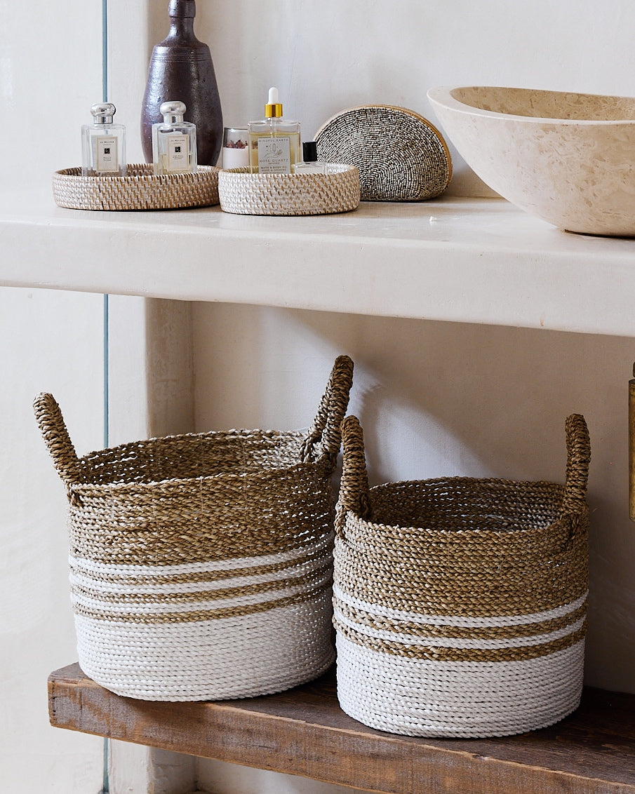White Natural Multi-stripe Wide Seagrass Baskets - S, M, L