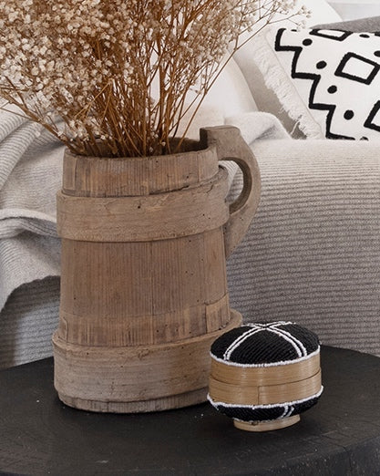 Handmade Beaded Round Bamboo Trinket Boxes with lid - navy, white, cream, gold, others
