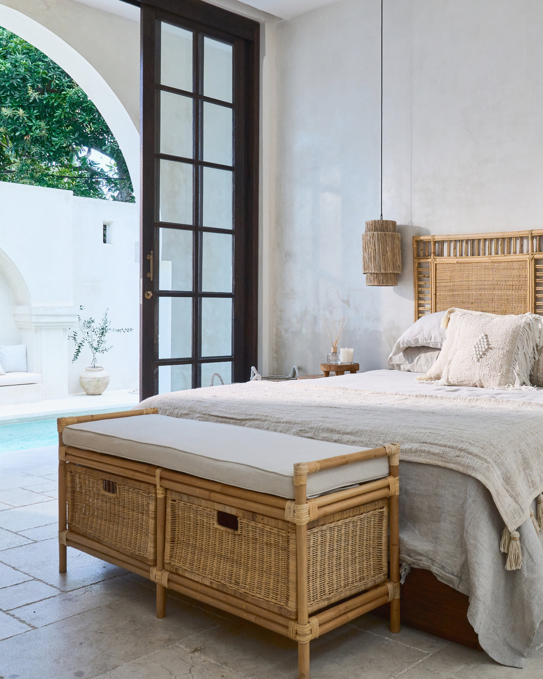 Laci Cane Weave Drawers Bench Seat with seat cushion