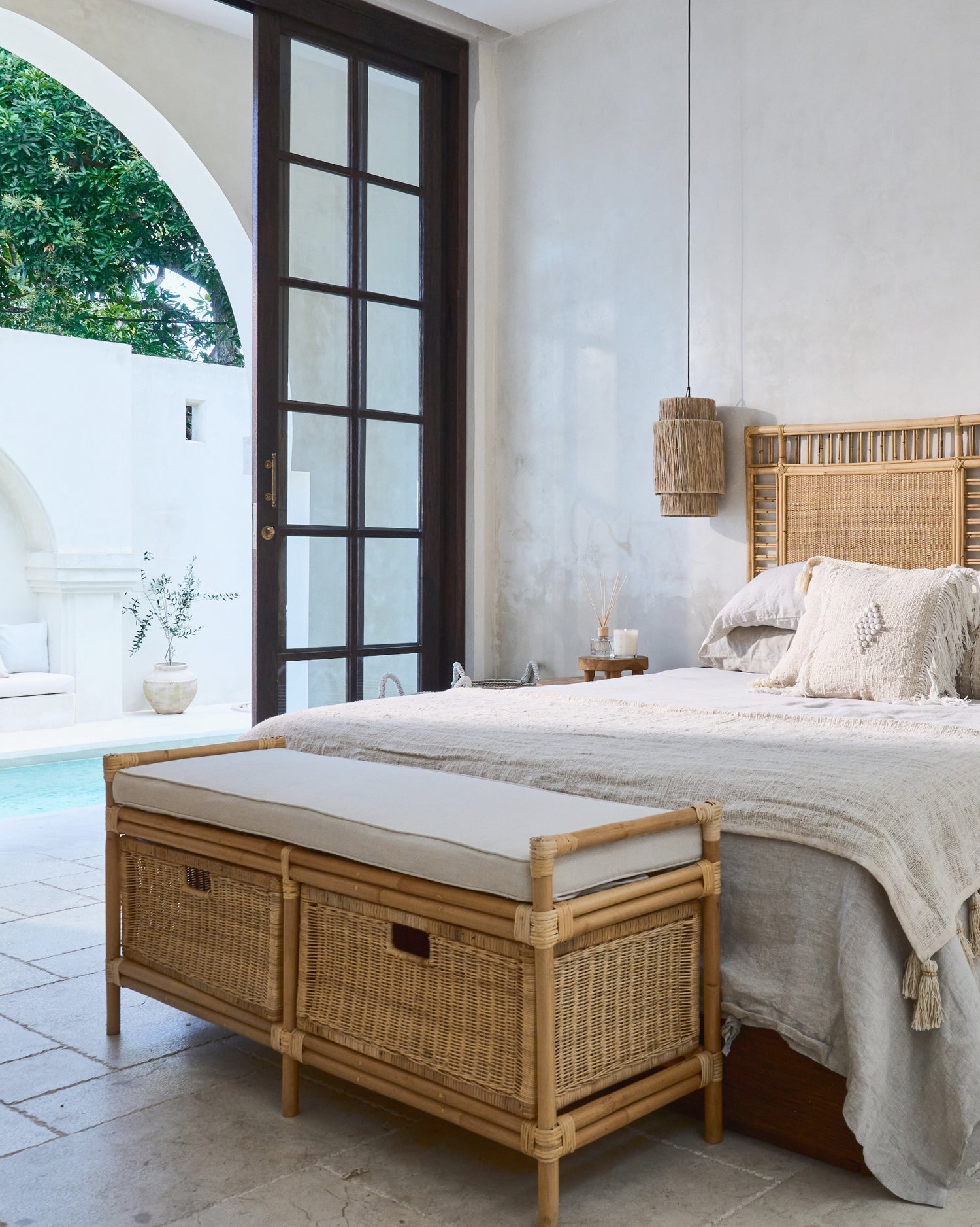 Laci Cane Weave Drawers Bench Seat with seat cushion