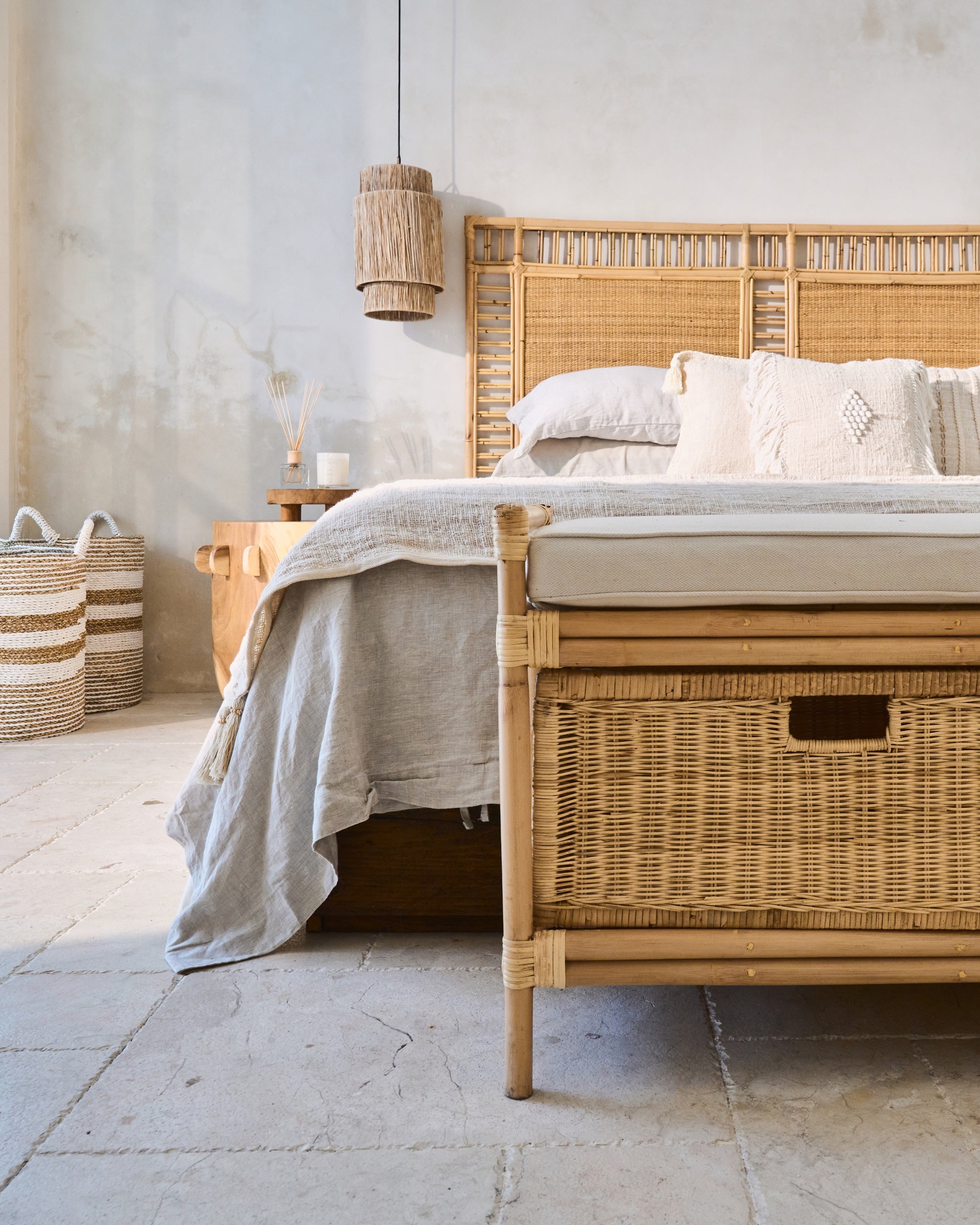 Laci Cane Weave Drawers Bench Seat with seat cushion