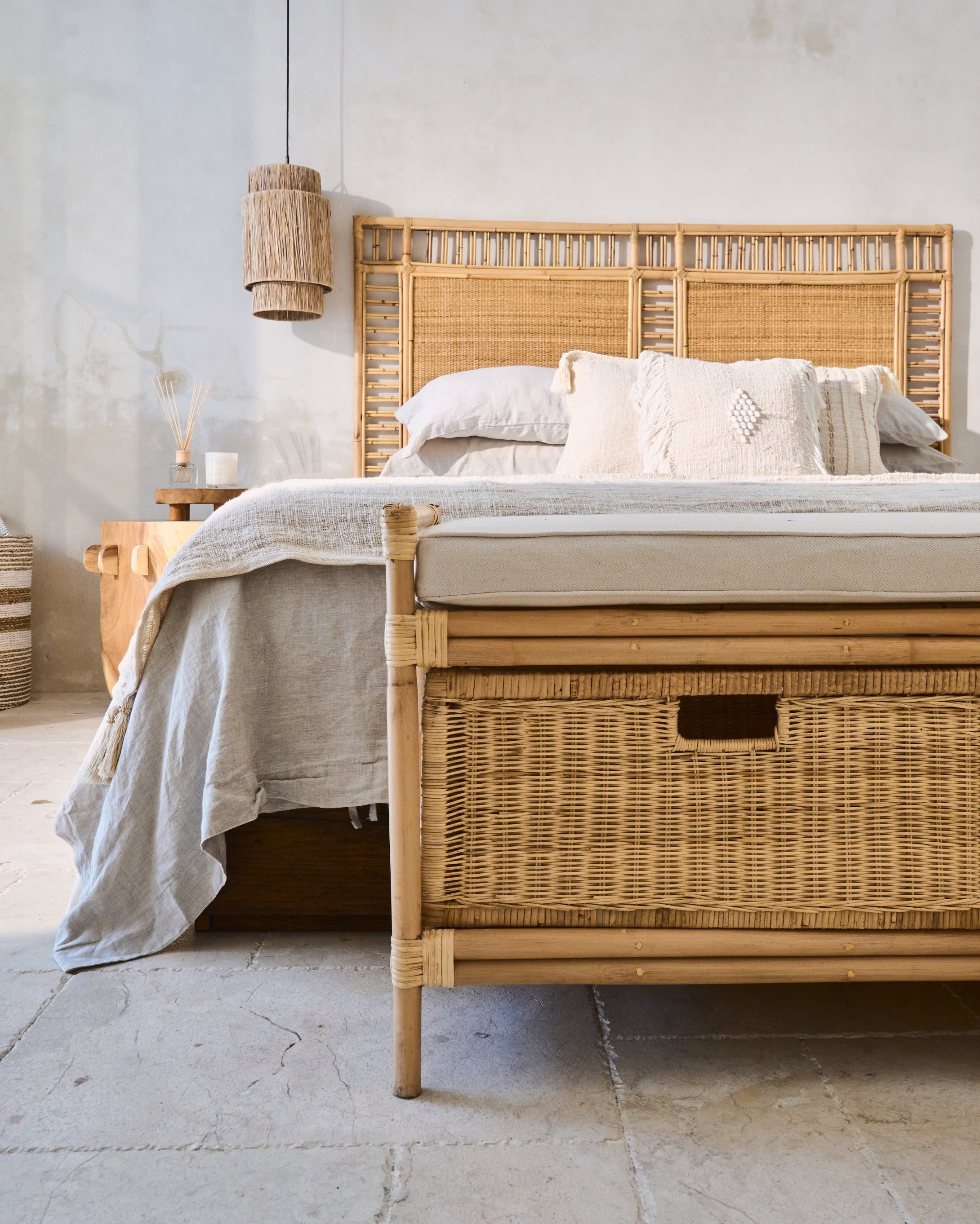 Laci Cane Weave Drawers Bench Seat with seat cushion