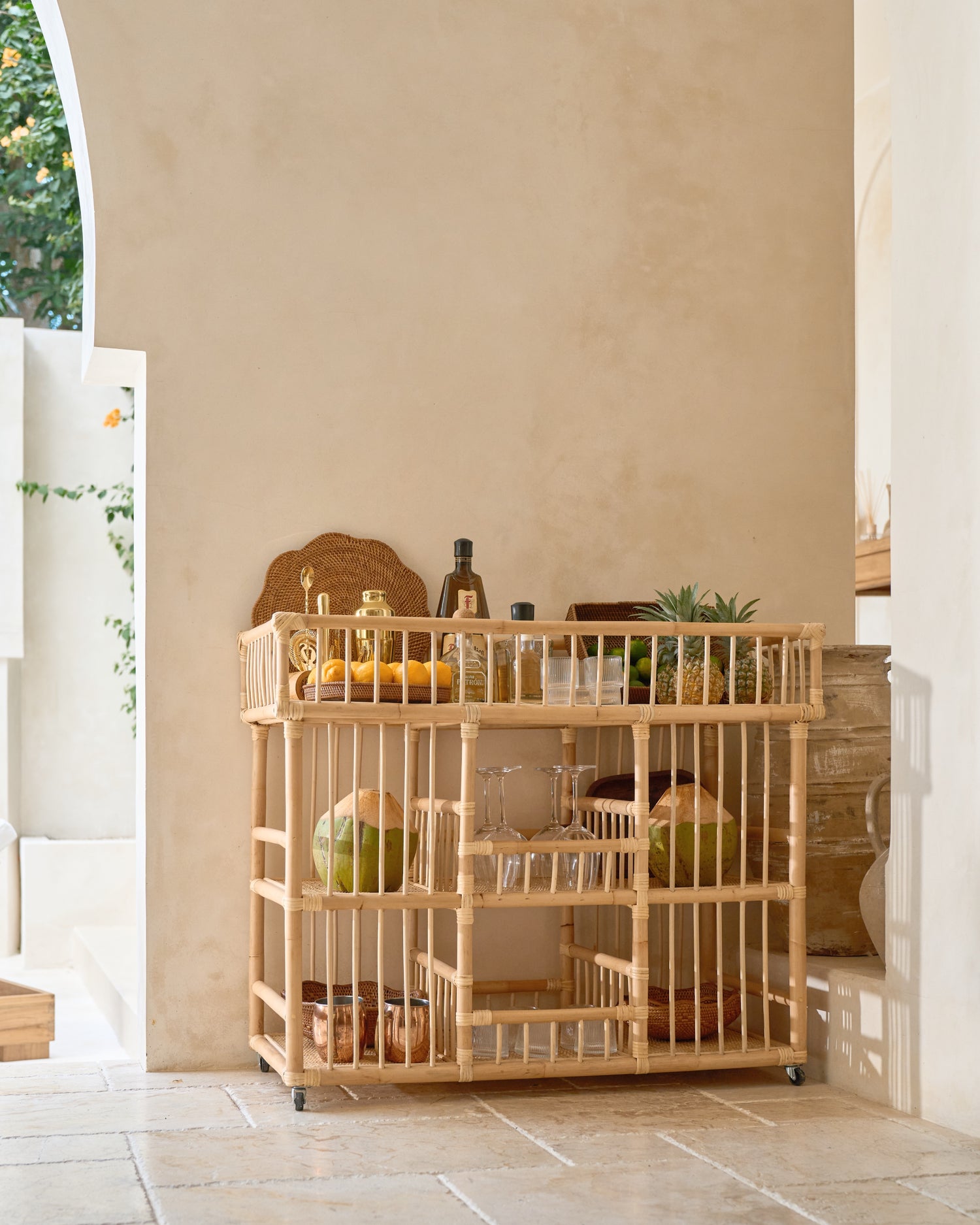 Balian XL Box Shelves Rattan Bar Cart Console Trolly - Natural