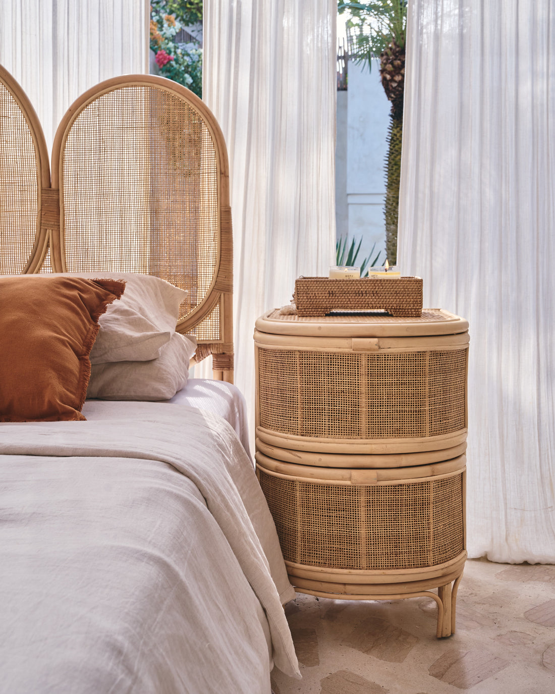Bulat Rattan Weave Curved Side Table with drawers