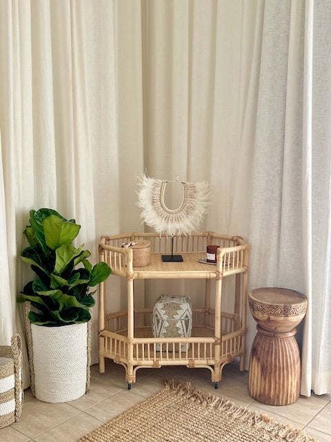 Cemagi White Rattan Bar Cart Console Trolly - Natural Colour
