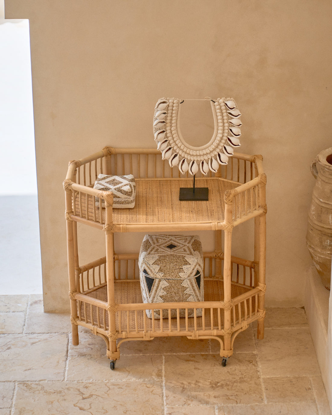 Cemagi Rattan Bar Cart Console Trolly - Natural Colour