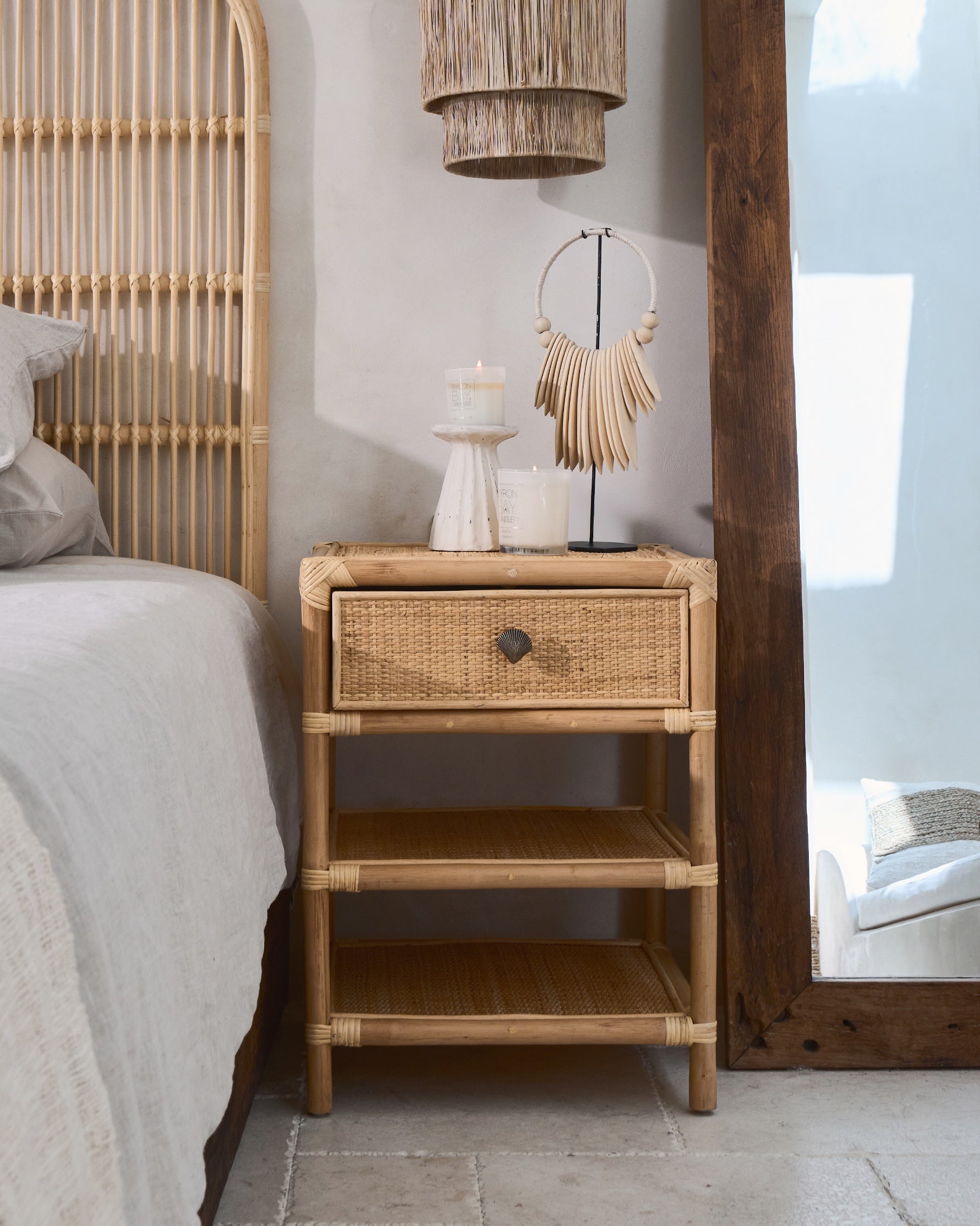 Persegi Rattan Drawer Open Shelf Side Table