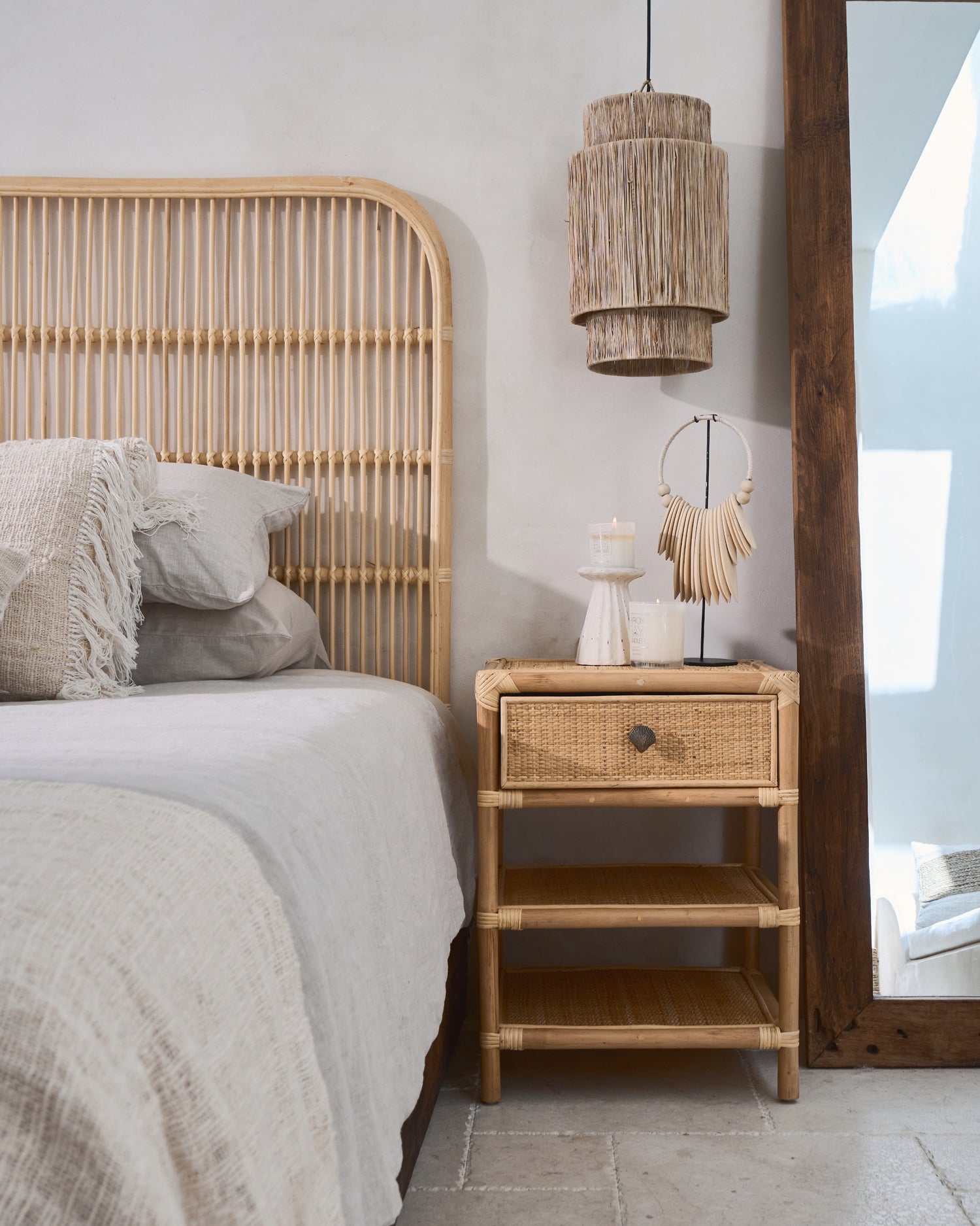 Persegi Rattan Drawer Open Shelf Side Table